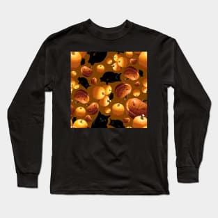 Black Cat and Pumpkins Tossed on Brown Repeat 5748 Long Sleeve T-Shirt